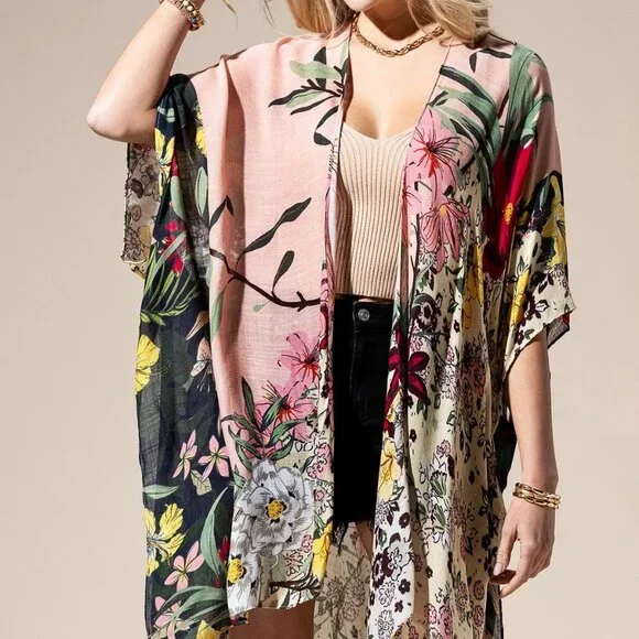 Floral Print Kimono Lightweight Boho Duster Airy Cardigan - Picture 8 of 8